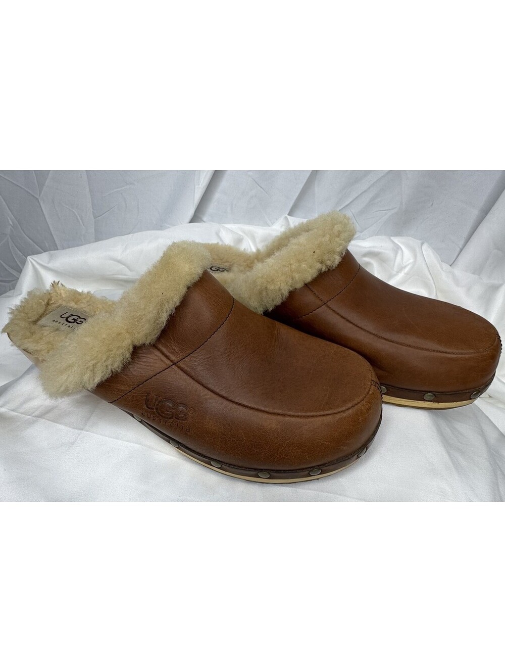 UGG Australia Clogs Womens 7 Brown Leather Shearling Wooden Sole Studded Mule